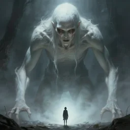 an immense beautiful terrifying pale humanoid giant looming over a tiny human. ethereal horror fantasy art by greg rutkowski and artgerm