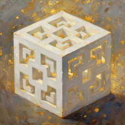 painting of an intricate ancient white cube, golden hour, no people