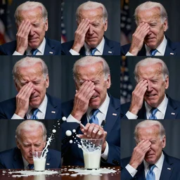 joe biden crying over a glass of spilled milk, high - res, varying art styles, varying angles,