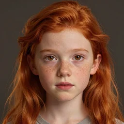 portrait of 1 4 - year - old girl with flaming red hair, a lot of freckles, and bright brown eyes, wearing shirt, hyper realistic face, beautiful eyes, character art, art by mark brooks, hyperdetailed, cryengine, trending on artstation, digital art