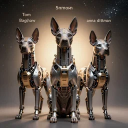 a beautiful ultradetailed fine art photo of an ancient aztec hairless cybernetic cyborg dog set against starry space, by tom bagshaw and anna dittman, portrait, soft backlighting, vignette, 5 0 mm lens, golden ratio composition, detailed faces, studio lighting, very detailed, industrial mechanical robot dogs, artstation, 8 k, highly coherent