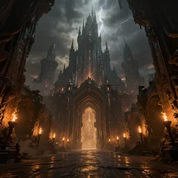 wide angle architecture photography of massive dark otherworldly fantasy castle!!!!!, pathway through abstract portal!!! cave exit to otherworldly castle, torches on cave walls, high sci - fi fantasy, cryengine 8 k render, artwork by world of warcraft mass effect dnd overwatch dark souls, moody lightning, warm!!!! color palette
