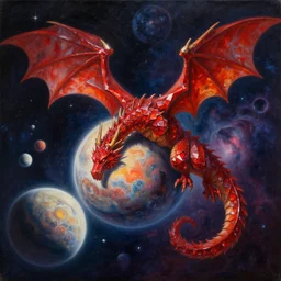 crystalline red dragon devouring a planet, space, planets, moons, sun system, nebula, oil painting, by Fernanda Suarez and and Edgar Maxence and greg rutkowski