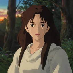 portrait bust of woman, forest background, long brown hair, deep depth of field, cloth, princess mononoke, 4 k, greg rutkowski, high detail, dramatic lighting, sunset, hayao miyazaki, masashi ando, nizou yamamoto, kazuo oga, joe hisaishi, yoji takeshige, naoya tanaka