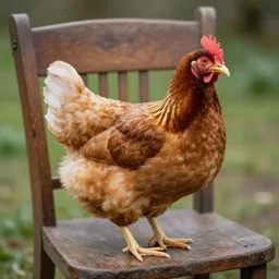 uma galinha sentada em uma cadeira