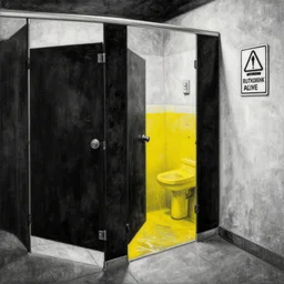 high quality noir painting of a public bathroom filled with yellow liquid with a warning sign next to it, by greg rutkowski, mainly black and white colour scheme, textured grunge aesthetic