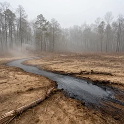 oil spill with a dry forest, 2 4 mm, dirt, fog, advertising photography