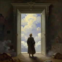 standing in heaven with portal doorway to hell with a doorway back to heaven by caspar david friedrich trending on artstation,