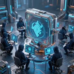 detailed futuristic 3 d scene of cybersecurity, hackers, 8 k digital art, hyperrealistic, octane render