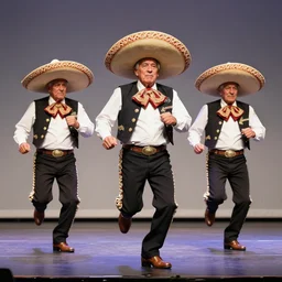 3 grandpas wearing mexican hats and twerking on a stage, realistic faces, photorealistic