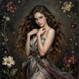 portrait of a young attractive nerdy woman in flowing sensual dress, arrogant, long fine flowing hair, delicate, looking at camera, slightly awkward smile, realistic face, realistic hands, stylish, elegant, grimdark fantasy, flowers, extremely detailed painting inspired by Gerald Brom and Ernst Haeckel and Monia Merlo, studio lighting
