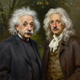 painting of albert einstein and isaac newton standing, oil painting, tree in the background
