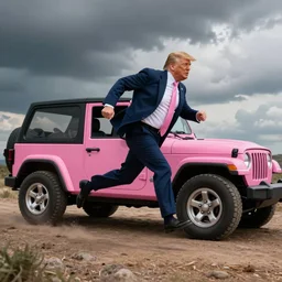 donald trump running over barbie in pink jeep