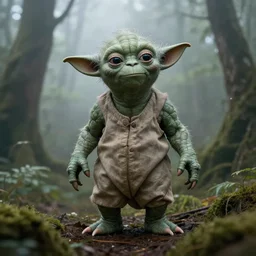 yoda with long arms and legs standing in a forest with fog, realism, moody lighting
