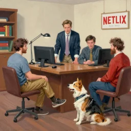 painting of nerds fighting over who gets to vassalize pete buttigieg while working at netflix, regionalism style by grant wood