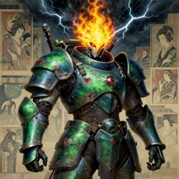 composition portrait of gothic and futuristic, warhammer, cyber japan style armor, more and more scars, thunderstorm, fire head, green, blue and yellow, highly detailed, artstation, in the style of moebius, jugendstil and classic japanese print, art by jean delville and rene magritte