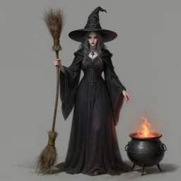 Full body Portrait of gorgeous young Witch, with dark grey hair, pale skin, red eyes, classical witch robe, magic broom, pointy witch hat, visible face, magical cauldron, D&D, DND, extremely detailed, detailed face, modest, high fantasy, matte painting, by artgerm and Craig Mullins, James Jean and Clyde Caldwell, trending on artstation artstationHD, artstationHQ, cgsociety, HD 16K, octane