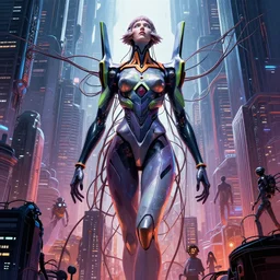 award winning poster of a gargantuan female biomorphic cyborg goddess queen in the style of neon genesis evangelion, horizon zero dawn, connected by intricate technological wires to a futuristic downtown city, by jean moebius giraud, artgerm, yoshitaka amano, beeple, greg rutkowski. octane render.