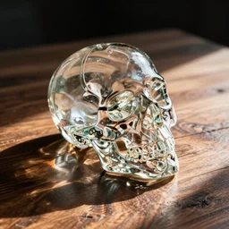glass skull laying on a wooden table