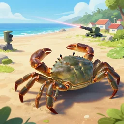 shoulder shot of a gigantic crab crawling towards village near a beach and [ laser ] [ turret ] [ attached ] to crab, by ralph mcquarrie, dof by steve argyle by tyler jacobson by peter mohrbacher, cinematic lighting