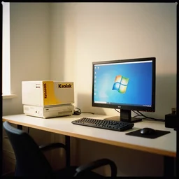 kodak portra 4 0 0 photographic and realistic, a modern minimalist room with a computer on a desk and a monitor showing windows xp, detailed, octane render, unreal engine, 4 k, artstation, hyper realistic, wide angle, 3 5 mm, sharp focus, warm light, in the style of gregory crewdson