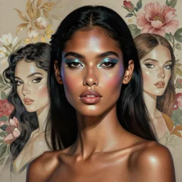 portrait dark latina supermodel with floral background by karol bak, artgerm, moebius, elena masci, tom bagshaw : : iridescent, portrait, illustration, photorealism, hyperrealism