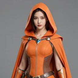 cassandra cain in destiny hunter armor, orange armor, wearing a hooded cloak, beautiful face!!!!, 2 7 years old, cg animation, realistic, character select portrait, by artgerm, greg rutkowski, alphonse mucha, 3 d