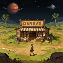 in front of a general store in a remote outpost, on an alien planet, from a space themed point and click 2 d graphic adventure game, set design inspired slightly by tomb raider, art inspired by [ thomas kinkade ] and [ mark keathley ]