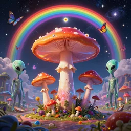 psychedelic mushrooms, enchanted alien world, mushrooms on the ground, aliens, galaxy in the sky, butterflies, occult, illuminati, third eye, rainbows, bright colors, psychedelic, fish eye lens, vector art, bla bla bla, fantasy poster by helen huang and frank frazetta and salvador dali and norman rockwell, anime style