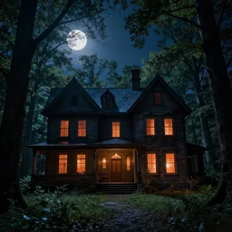 a haunted house in the woods, atmospheric lighting, moon shining through the trees