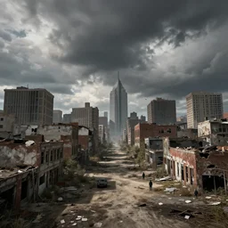 midwest city at cloudy sky, dirty city, volumetric light, abandoned buildings, criminals, hyperdetailed, artstation, cgsociety, 8 k
