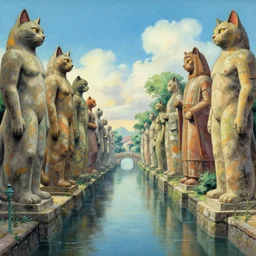 a beautiful painting of a canal lined with massive statues of anthropomorphic Feline Gods by Ralph McQuarrie | graphic novel, illustration:.4
