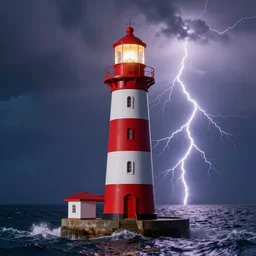 a lighthouse being struck by lightning out at sea, digital art, highly detailed, realistic, bright colors, 8 k
