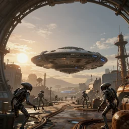 alien spacecraft hovering over busy space port surrounded by alien robots, steel archways, industrial buildings, rusty metal towers, sun setting, cinematic lighting, digital painting, octane render