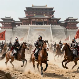 an imposing chinese - style scene with many soldiers in armor riding war horses fighting on the battlefield ， on the vast plain ， golden atmosphere ， full of details, matte painting, concept art, smooth ， super wide angle ， trending on cgsociety and blender ， unreal engine ， 8 khdr ， light effect ， rtx on ， - h 6 4 0