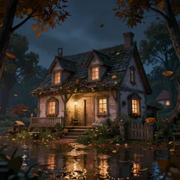 portrait scene of soft render comfy house on the hill during a dark night with leaves falling on the floor flooded, movie still from outside of a beautiful fantasy village, hyperrealistic, 8 k, octane render,