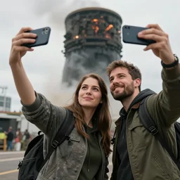 2 influencers taking a selfie while a nuke is in the background, 4 k, detailed, realistic