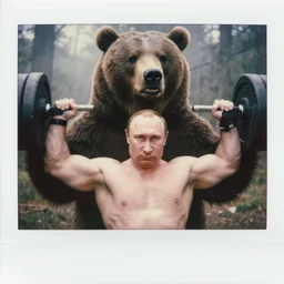medium close up shot, very muscular angry vladimir putin pumping iron with oversized grizzly bear, in woods, polaroid color photo, vintage, foggy, neutral colors, by gregory crewdson