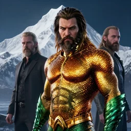 portait of scarry aquaman, octane render uhd, filmic lighting, cinematic art shot, hyperrealistic, hyperdetailed, super detailed, 8 k, high resolution, 8 k uhd matte painting by ross tran and ivan aivazovsky, mega high white mountain, midnight