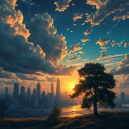 large city, clouds, sun set, lucid, dream, flux, volumetric lighting, near the beach, big trees by mc escher, colorized by... ross