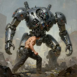 an epic painting of the last human fighting a mechanical art machine