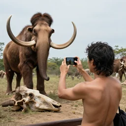 “color photo of a Neanderthal with no clothes man taking an iPhone photo of a dead mammoth National Geographic , anthropology photo”