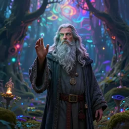an epic image of gandalph the grey, taking lsd and waiting for psychedelic trip, background magic psycheeelic forest, acis colors, digital art, artstation, unreal engine