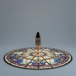 a girl stand on a beautiful intricate stained glass floor floating in the empty void of space. colorful light iridescent shines through the stained glass. by gaston bussiere. jarold sng. james jean.