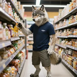 furry anthro anthropomorphic Canis lupus arctos arctic wolf wearing shorts and tshirt werewolf buying groceries at supermarket professional photo