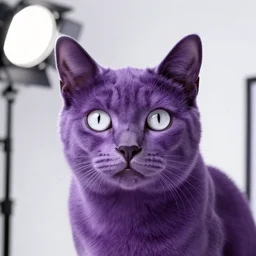 photo still of purple cat white eyes, 8 k, studio lighting bright ambient lighting key light, 8 5 mm f 1. 8