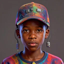 colourful caricature - vfx art - portrait of a nigerian boy wearing a baseball cap with wires and computer chips dangling from inside, art style by james jean & hsiao - ron cheng, character concept art, digital illustration, sharp, intricate detail, volumetric light, ray tracing, soft light, symmetric, unreal engine render, behance, artstation, pinterest,