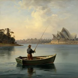 a 19th century landscape of a man fishing in a small boat on sydney harbour
