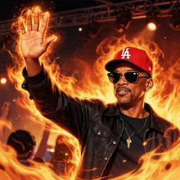 character art by ruan jia, will smith waving horizontally at chris rock wearing wayfarer glasses and red baseball hat at a music concert, on fire, fire powers
