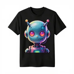 black tshirt with a hyperdetailed portrait of a futuristic trippy cute robot head, 8 k, symetrical, flourescent colors, halluzinogenic, multicolored tshirt art,